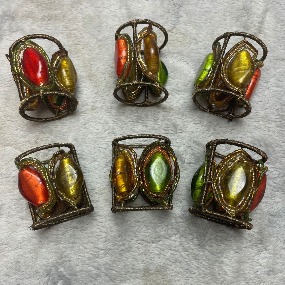6 Beaded Wire Wrapped Napkin Rings Size OS Multi Glass Exotic Jewel Tone
